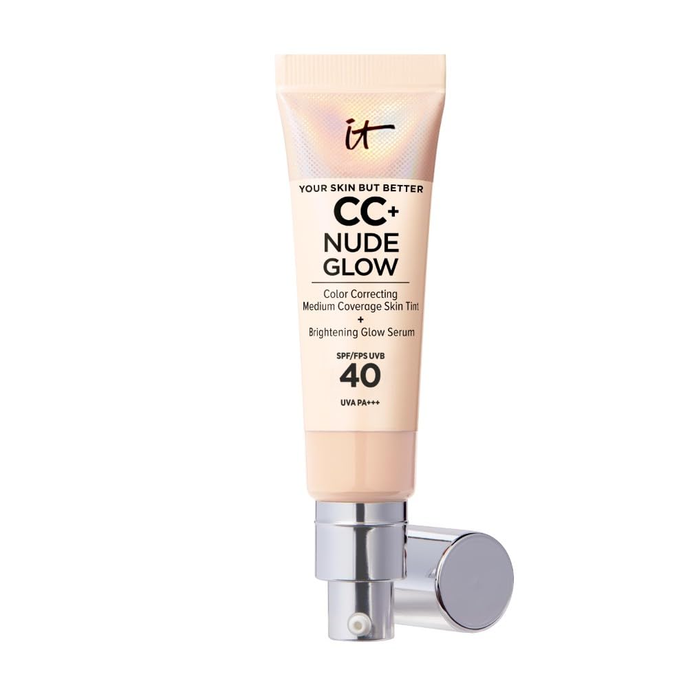 IT Cosmetics, CC+ Cream Nude Glow Foudation, Medium Coverage, Instantly Brighter & Hyrdrated Skin, Made with 2% Niacinamide & Hyaluronic Acid, Your Skin But Better, Shade: Light, 32ml