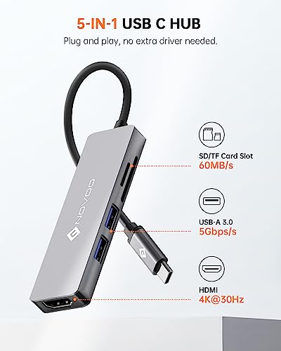 NOVOO USB C Hub 5 in 1 Multiport Adapter with HDMI 4K, 2 USB 3.0 Ports, SD/TF Card Reader for MacBook Pro 2019/2018, iMac 2017, Huawei MateBook, Google Chromebook Pixel and More