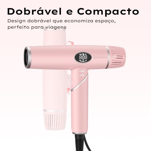 GOKOCO Secador de Cabelo Dobrável de Alta Velocidade,Bivolt,GD045 Motor Brushless 110.000 RPM,Íons Negativos,4 Temperaturas,3 Velocidades,com Difusor e Bicos Modeladores para Viagem,Ouro