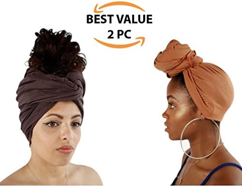 Stretch Head Wrap - Long Solid Color Turban Hair Scarf Tie by (2 Pair, Light &amp; Dark Brown, One Size)