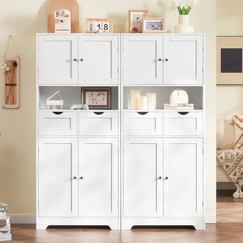 TEENFON 57.8" H Tall Bathroom Cabinet, Storage Cabinet with Adjustable Shelf & 2 Drawers, Bathroom Storage Cabinet with 4 Doors for Living Room, Dining Room, White
