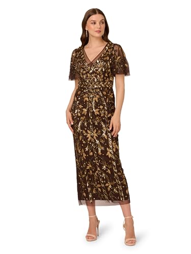 Adrianna Papell Women's Beaded Flutter Sleeve Dress, Chocolate, 4