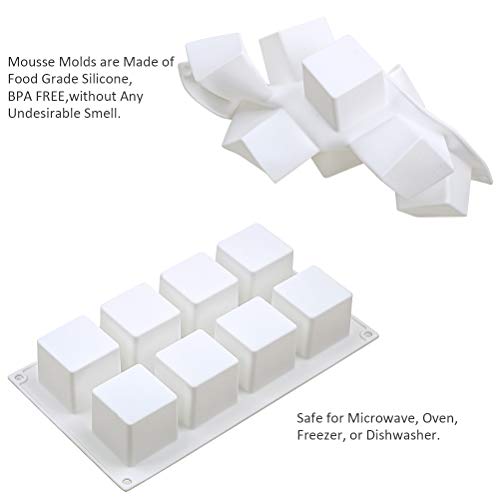 3D Square Silicone Mold, Mousse Cake Baking Molds, Dessert Molds for Soap bar Candle, Jelly, Brownie, Cheesecake, Chocolate Truffle Pudding and Ice Cream Bombe, 8-Cavity (11.6 x 6.7 x 2.0 Inch)