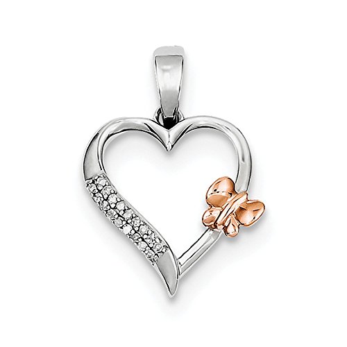 925 Sterling Silver (0.06cttw)/Rhodium/ Rose Gold Butterfly Diamond Heart Pendant (16mm x 15mm)