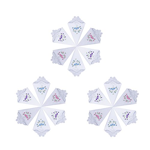 12 PCS Embroidery Butterfly Lace Hankies Cotton Floral Handkerchiefs Bulk for Women by Star Heaven (Style A) - Thumbnail 4
