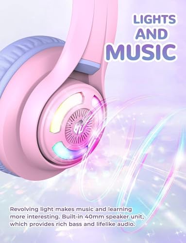 iClever BTH13 Bluetooth Kids Headphones, Cat Ear LED Light Up Wireless Kids Headphones with Volume Limited (74/85dBA), 50H Playtime, Children Headphones with MIC Over Ear for School/Tablet/PC