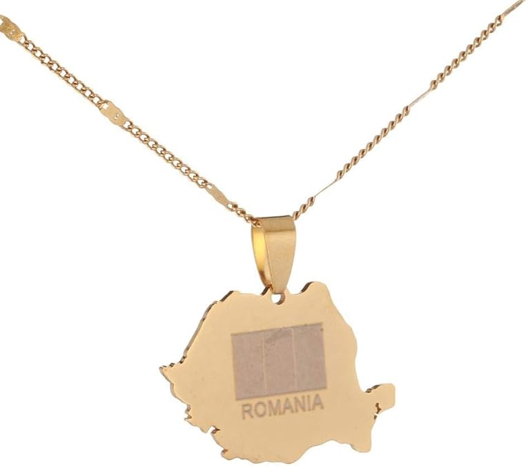 Stainless Steel Gold Color Romania Map Flag Pendant Necklace Romanian