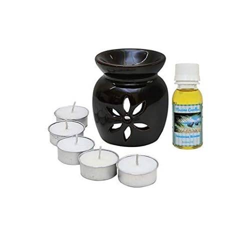 Maxime Candles Ceramic Aroma Diffuser with Aroma Oil and Tealight Candle Set (7 cm x 7 cm x 8.2 cm, Brown, MR185/JamaicanBreeze)