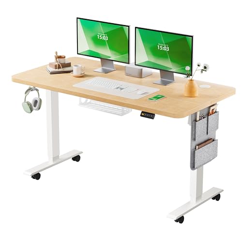 MAIDeSITe Height Adjustable Electric Lift Table, 120 x 60 cm Standing and Sitting Table with Cable Tray, Hook and Storage Pockets, Lift Table with Memory Controller