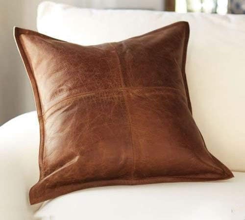 Prim Leather 100% Lambskin Leather Pillow Cover - Sofa Cushion Case - Decorative Throw Covers for Living Room & Bedroom - Box Tan Antique - 20 x 20 Inches Pack of 1