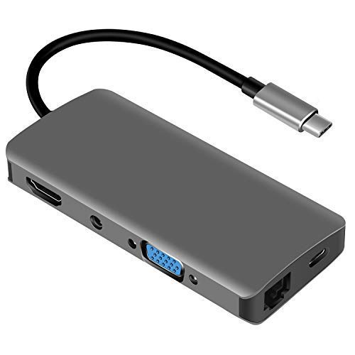 USB C Hub,9-in-1 Type C Adapter Dock with VGA Port ,4K USB C to HDMI,PD Power Delivery,1Gbps Ethernet Port,Mic/Audio port，SD/TF Card Reader, 2 USB-3.0 Ports,Portable for MacBook Pro and Window USB Type C Laptops