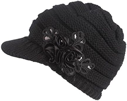 Women Ladies Winter Knitting Hat Warm Artificial Wool Snow Ski Caps With Visor (Black)