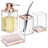 mDesign Square Plastic Bathroom Vanity Countertop Accessory Set - Includes Soap Dispenser Pump, Divided Toothbrush Holder, Tumbler Rinsing Cup, Soap Dish - 4 Pieces - Clear/Rose Gold