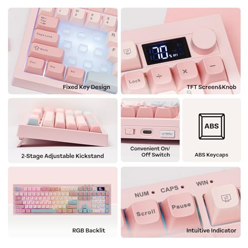 EPOMAKER AULA S102 PRO Wireless Membrane Keyboard with TFT Screen and Number Pad, 2000mAh, RGB Backlit, Media Knob, 105 Keys, Full Size Wireless Gaming Keyboard (Pink)