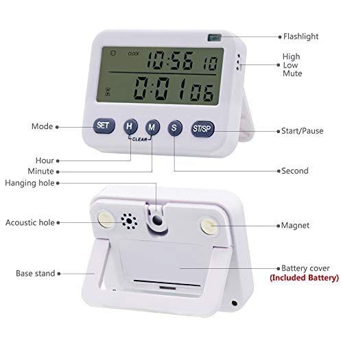 Digital Kitchen Timer, 100H Count UP/Down Cooking Timer, Large Display, Vibration/Flashlight/Loud Alarm, 24-Hour Clock & Alarm Clock, Magnetic Backing, Stand, for Cooking Baking Sports Games Office