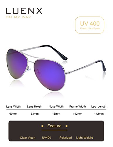 LUENX Aviator Sunglasses Polarized for Men & Women with Case - 400 UV Purple Lens Metal Gloss Silver Frame Mirrored 60mm - Thumbnail 4