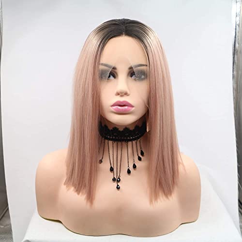 Ombre Smoke Pink Bob Synthetic Lace Front Wigs Straight Dark Roots Natural Hairline Middle Part Synthetic Lace Wigs For Women 14Inch (Ombre Pink Bob) — image 1