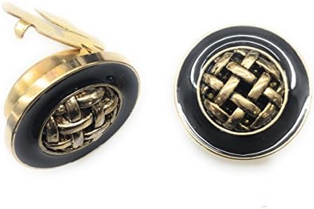 Button Covers Cufflink Plated Gold Black Epoxy center Gold Weave •Button Clips -1 Pair - Alternative to Cufflinks For Regular Shirts