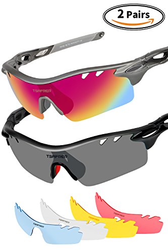 Polarized Sports Sunglasses 2 Pairs Polarized Sports Sunglasses with 4 Interchangeable Lenses, Tr90 Unbreakable Sunglasses for Men Women Cycling Driving Running Golf By Tsafrer (Black-Red-Orange)