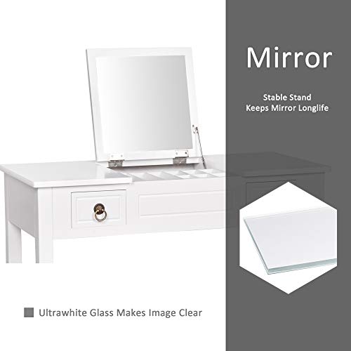 Amooly Vanity Set with Flip Top Mirror Makeup Dressing Table Writing Desk with 2 Drawers Cushioned Stool 3 Removable Organizers Easy Assembly