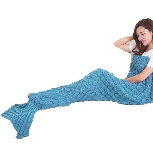 Renoliss Handmade Knitted Mermaid Tail Blanket ,Warm Sofa Living room blanket for Adults and Kids 190cmX90cm（74.8 inch x35.4 inch )(Blue)