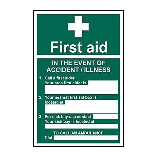 Spectrum Industrial 12046" First Aid in The Event of an Accident Self Adhesive Vinyl Sign, Multi-Colour, 200 x 300 mm