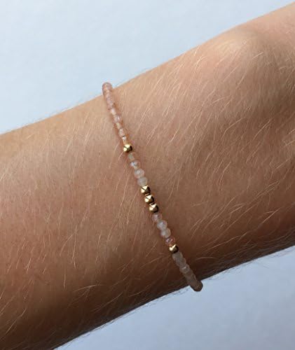 Genuine Natural Gemstone Tiny Beaded Tennis Bracelet - Peach Shimmer Moonstone &amp; 14K Gold - Delicate, Feminine, Healing Properties, Minimalist | Real Gem Jewellery | Birthday, Easter, Gift | Girl