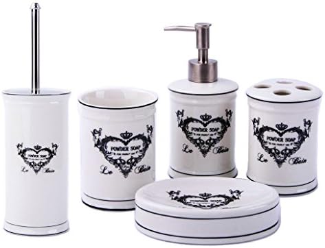 GMMH Vintage Country House Style Heart Bathroom Accessory Set Soap Dispenser/Toilet Brush Ceramic Bathroom Set (Set of 5)