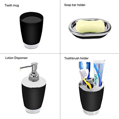 TEKITSFUN Black Bathroom Accessories Set,6 Pcs Plastic Gift Bath Accessory Set Luxury Ensemble Includes Toothbrush Holder,Toothbrush Cup,Soap Dispenser,Soap Dish,Toilet Brush Holder,Trash Can