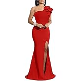 YMDUCH Women's Sexy Sleeveless One Shoulder Ruffle High Split Party Evening Long Formal Dress