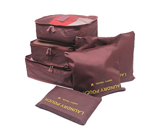 Walkingpround 6Pcs/Set Wine Red Travel Storage Bag Clothes Tidy Pouch Luggage Organizer Portable Container Cube Storage Case Waterproof