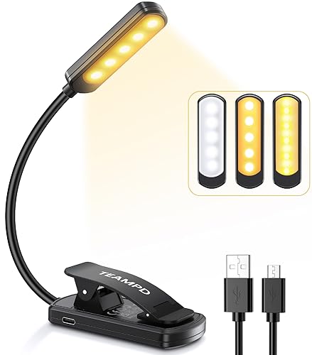 TEAMPD 10 LED Reading Light, 3 Bright Colors Eye Protection, Adjustable Brightness, USB Rechargeable, 12H Battery Life, Flexible Clip for Reading, Painting, Travel