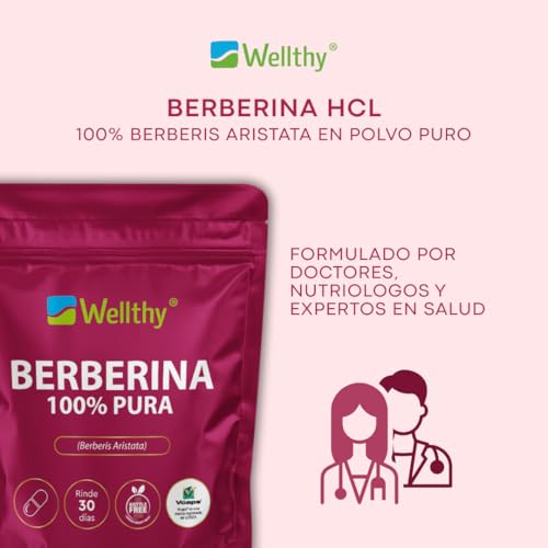 Wellthy Berberina Pura 60 Cápsulas. 100% Berberis Aristata, 500mg c/u, 30 dias de consumo, VCaps Cápsulas Veganas, Bottle Free.