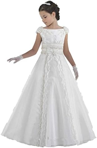 LuckyHouses White Kids First Communion Dress Long Flower Girl Dresses (9, Ivory)