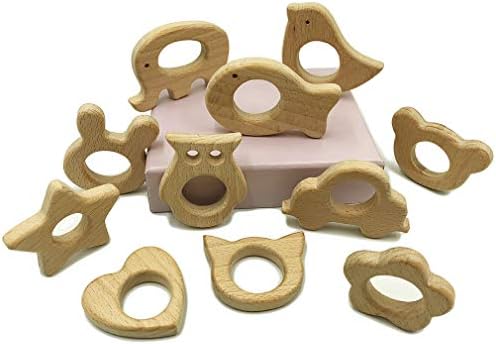 Mulitigy Wooden Teether 11pc Nature DIY Baby Teething Toy Organic Eco-Friendly Wood Teething Holder Nursing