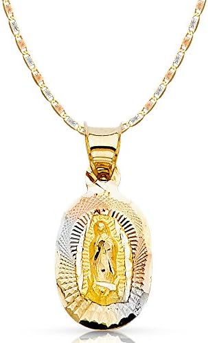 Ioka14K Gold Our Lady of Guadalupe Virgin Mary Stamp Pendant Necklace with 1.5mm Valentino Chain in Tri Color Gold