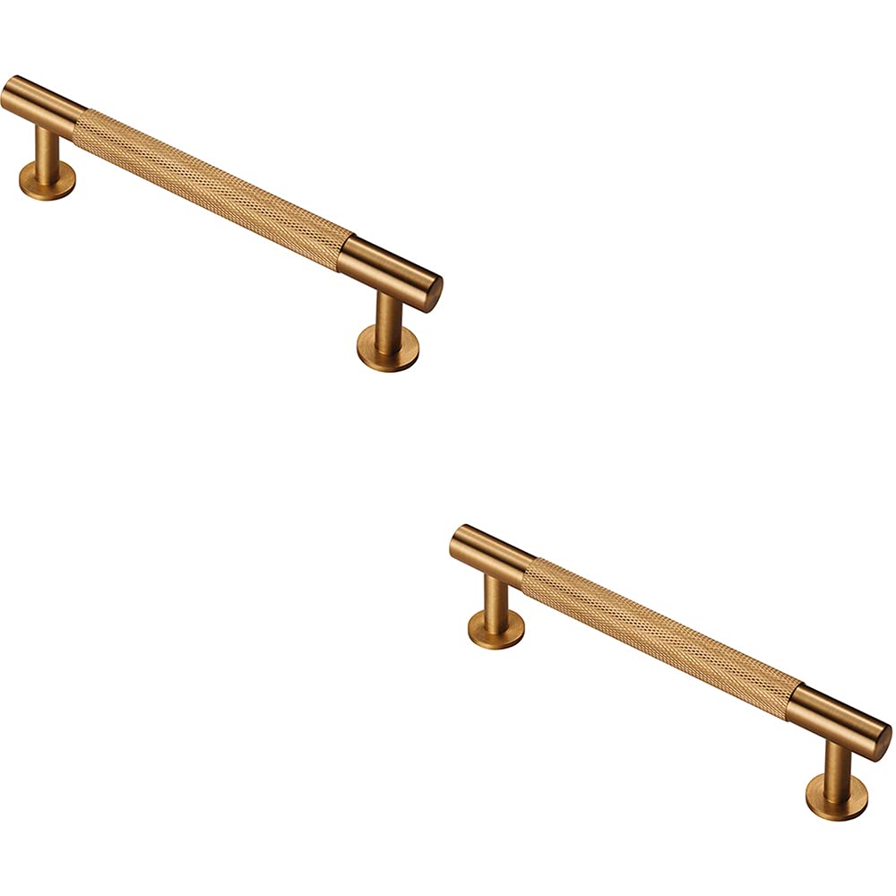 2 Pack | Knurled Bar Door Pull Handle - 158 x 13mm - 128mm Fixing Centres - Satin Brass | Designer Cabinet Pull Handle - Wardrobe Cupboard Door Handle - Suitable for Lightweight Internal Doors