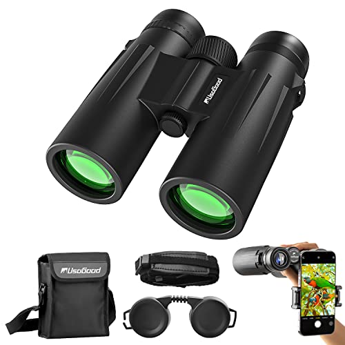 Usogood Binoculars 10 x 42 HD with BAK4 HD Prism + FMC Lens, Binoculars with Phone Adapter for Photography, Binoculars Adult for Bird Watching, Hunting, Hiking, Safari
