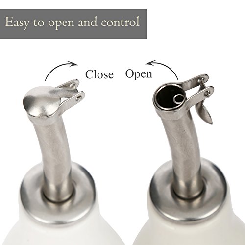 Olive Oil Bottle Set Ceramic Dispenser Porcelain Vinegar Cruet 9oz. with Stainless Steel Leak Proof Pourer Spout for Cooking or Salad Dressing by CEDAR HOME, 2 Pack, Farmer Market