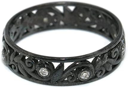 Black Gold Diamond Wedding Ring, Vine And Leaf Ring, Filigree Pattern Wedding Matching Band, Diamond Eternity Band, Ready To Ship, Size 6