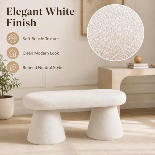 Modern Boucle Ottoman Bench, White Oval Upholstered Entryway Bench with Conical Pedestal Bases, Sherpa Accent Bench Foot Rest Extra Seat for Living Room Bedroom End of Bed, 100 x 40 x 43 cm