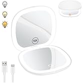 Benbilry Rechargeable Compact Makeup Mirror with 3 Light Colors and Magnification 1X / 10X, Double Light Strip Dimmable Small LED Travel Mirror for Purse, White