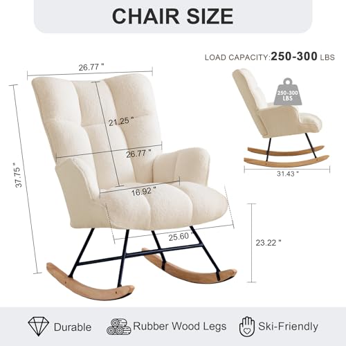 Zedachica Rocking Chair Nursery Teddy Rocking Accent Chair Upholstered Glider Rocker Armchair Comfy Side Chair Padded Seat with High Back for Living Room Bedroom Offices (Ivory)