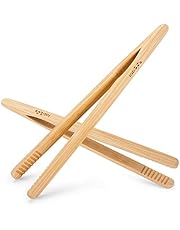 Reusable Classic Bamboo Toast Tongs - Ideal for Toast, Fruits, Bread & Pickles, Kitchen Utensil For Cheese Bacon Muffin Fruits Bread - 8" Long | Set of 2