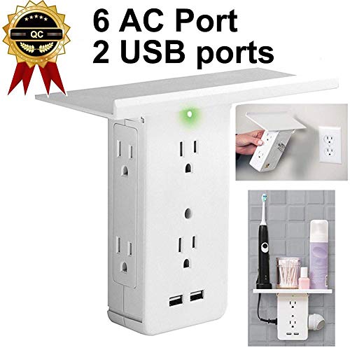 Detachable 8-port Socket Shelf, Surge Protector Wall-mounted Outlet Extender With 6 AC-power Port And 2 USB-ports For Bathroom Home Kitchen Office Living Rooms