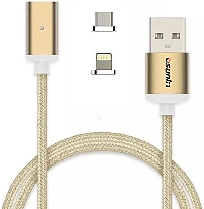 Osunlin 2 in 1 Strong Magnetic Adapter Micro Usb and Lightning 3.3ft Best Charging and Data Cable Sync Cord with LED Indicator for Android and Apple Devices (Gold)