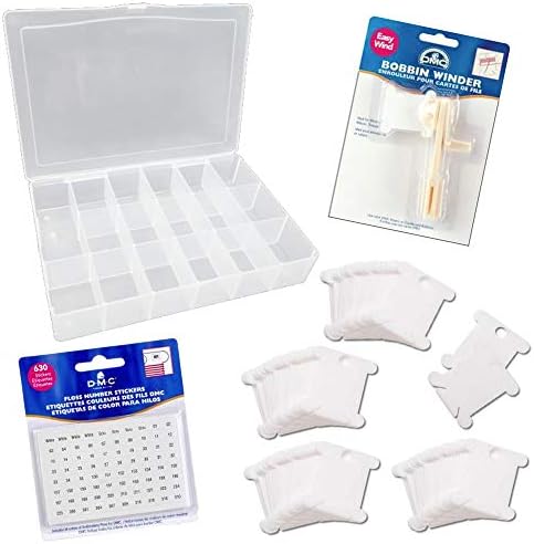 Darice Floss Organizer Box Bundled with DMC Bobbin Winder, DMC Label Stickers &100 Plastic Bobbins