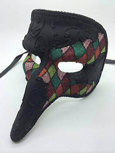 New Shor Nose Laser Cut Medieval Plague Doctor Face Design Masquerade Halloween Mask - Black w/ Rainbow Glitter Checker Pattern
