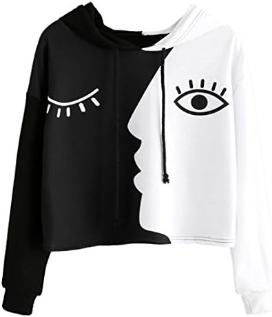 Kstare Women Ladies Sweatshirt Hooded Long Sleeve Crop Patchwork Blouse Pullover T-shirt Tops (Black -white, XL)
