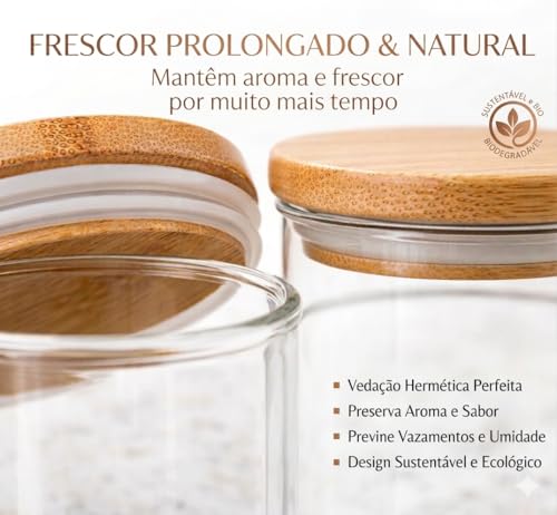 Kit com 11 Potes para Mantimentos Herméticos de Vidro com Tampa de Bambu, Vedação em Silicone, Organizador e Armazenamento para Cozinha e Despensa, Porta manetimentos.